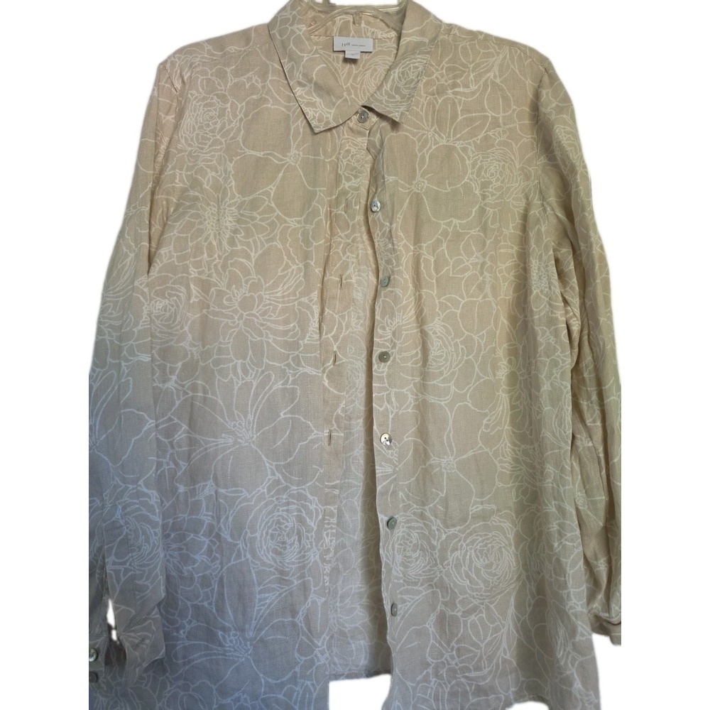 J.Jill Love Linen‎ Floral Lagenlook Button Up Blouse Top Women XL Tan Coastal